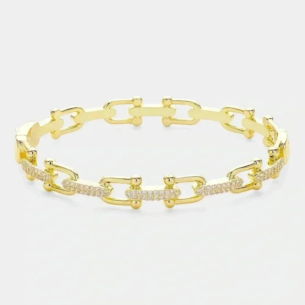 Equestrian Gold & Pave Horseshoe Buckle Hinged Bangle Bracelet